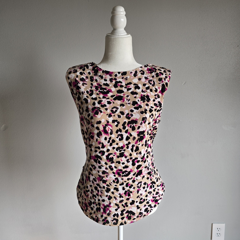 Dkny Pink and Brown Leopard Fitted Sleeveless Top With Shoulder Pads